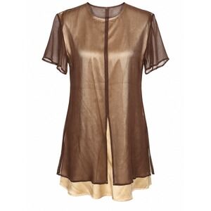 Han Feng Silk Tunic Top S Brown Gold Y2K Whimsigoth Sheer Layered Split Front